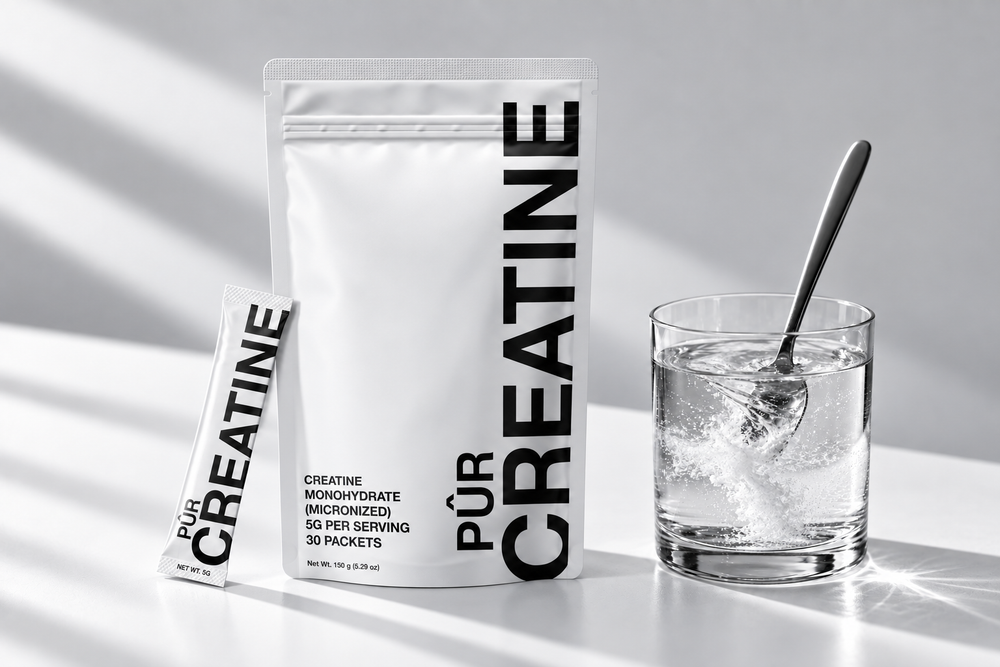 PÛR Creatine pouch and stick packet beside a glass of water